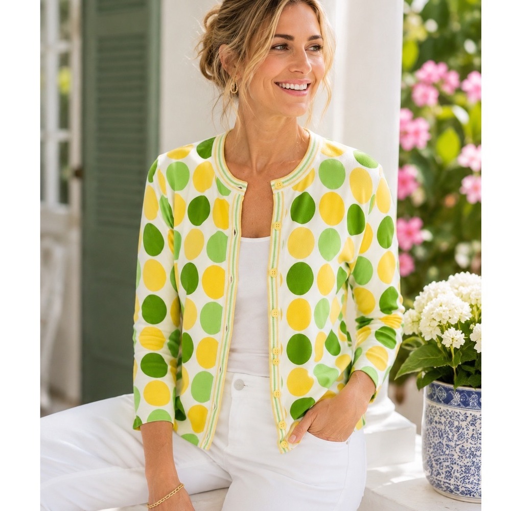 Retro Mod Polka Dot Cardigan Green Yellow 100% Cotton Petite PM